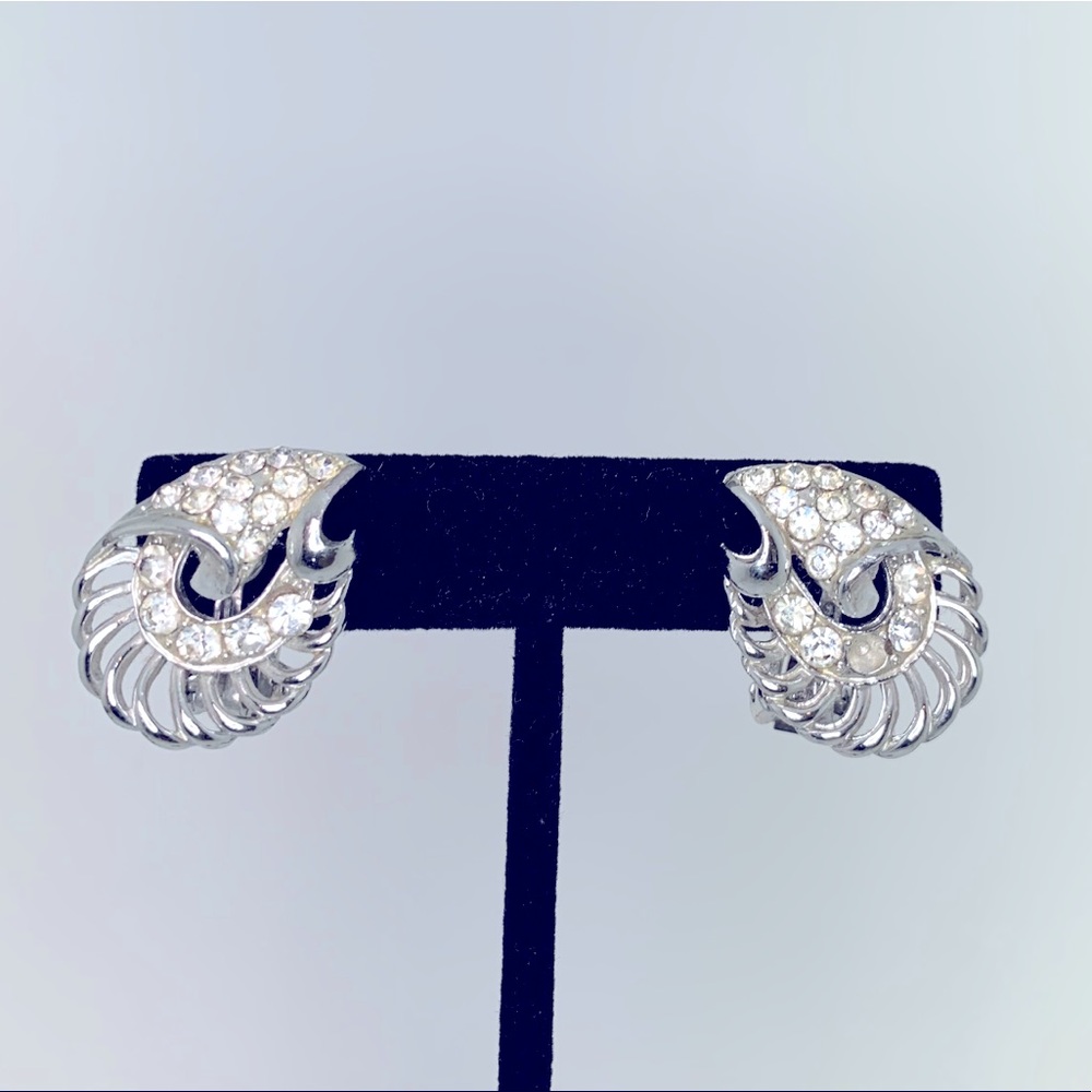 Vintage silver and rhinestone shell earrings